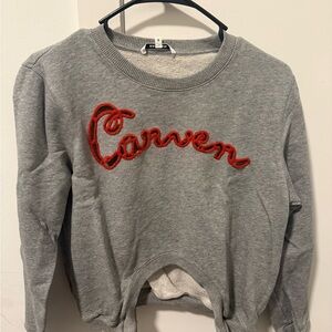 Carven Gray Crew Neck Sweater with Red Script